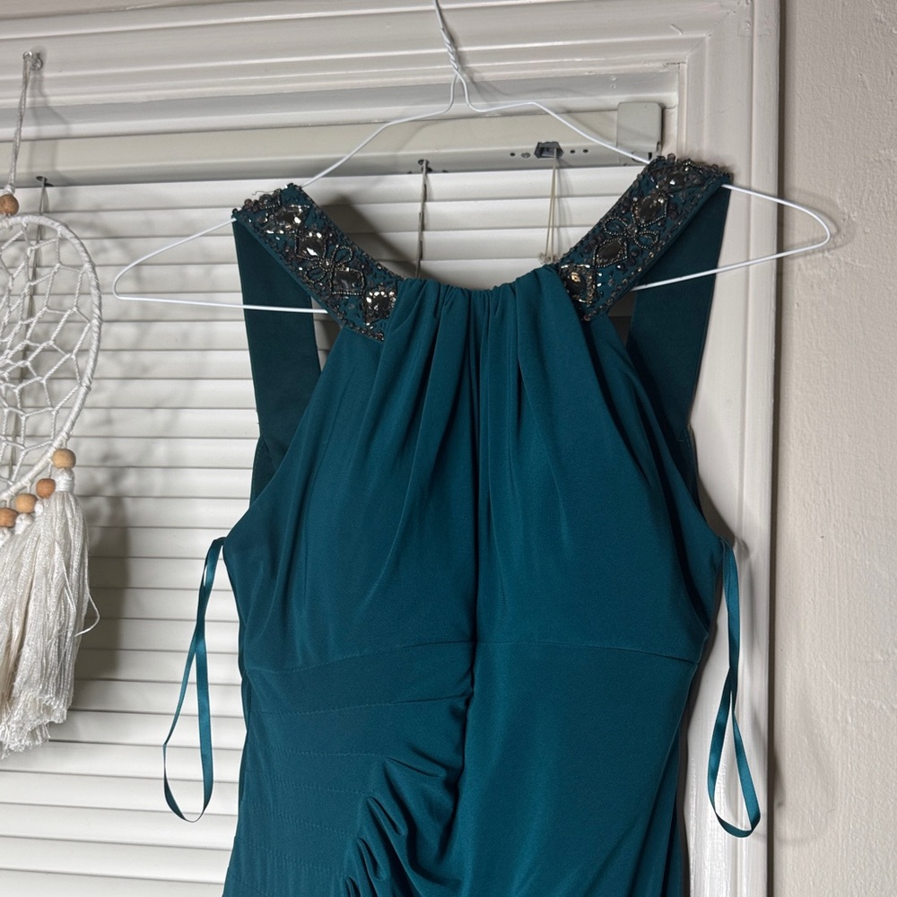 Xscape Teal Backless Dress with Embellished Shoulders